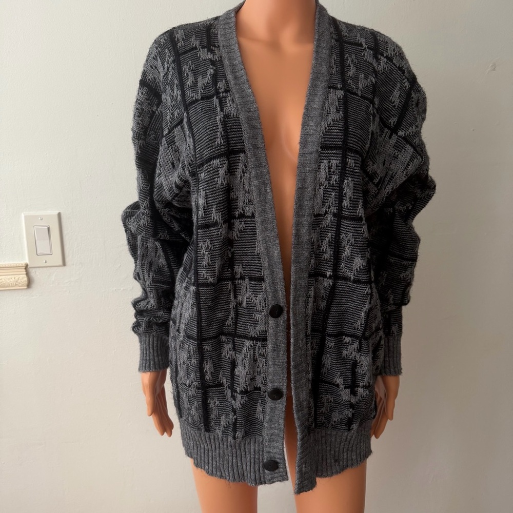 Vintage Method Gray Patterned Grandpa Sweater Woo… - image 1